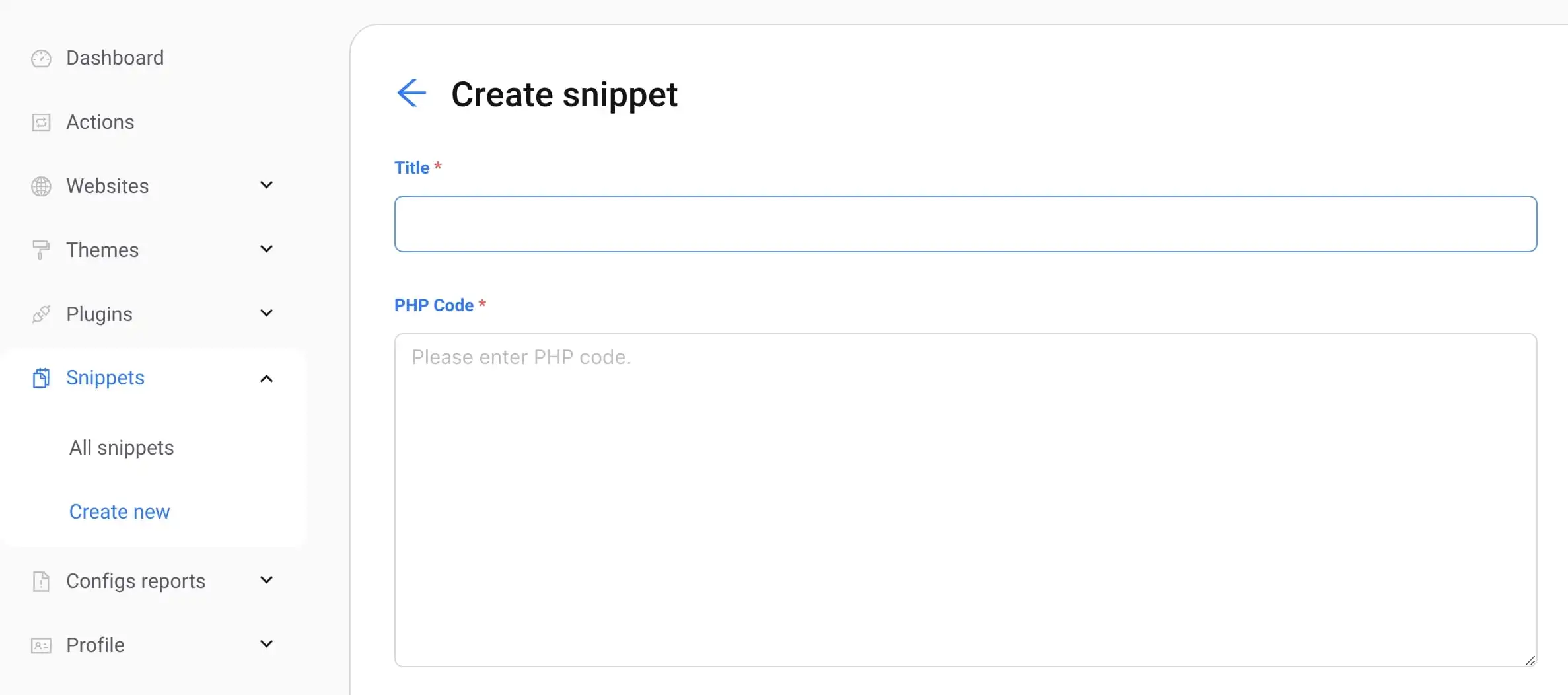 Create Snippet page before any snippet is created.