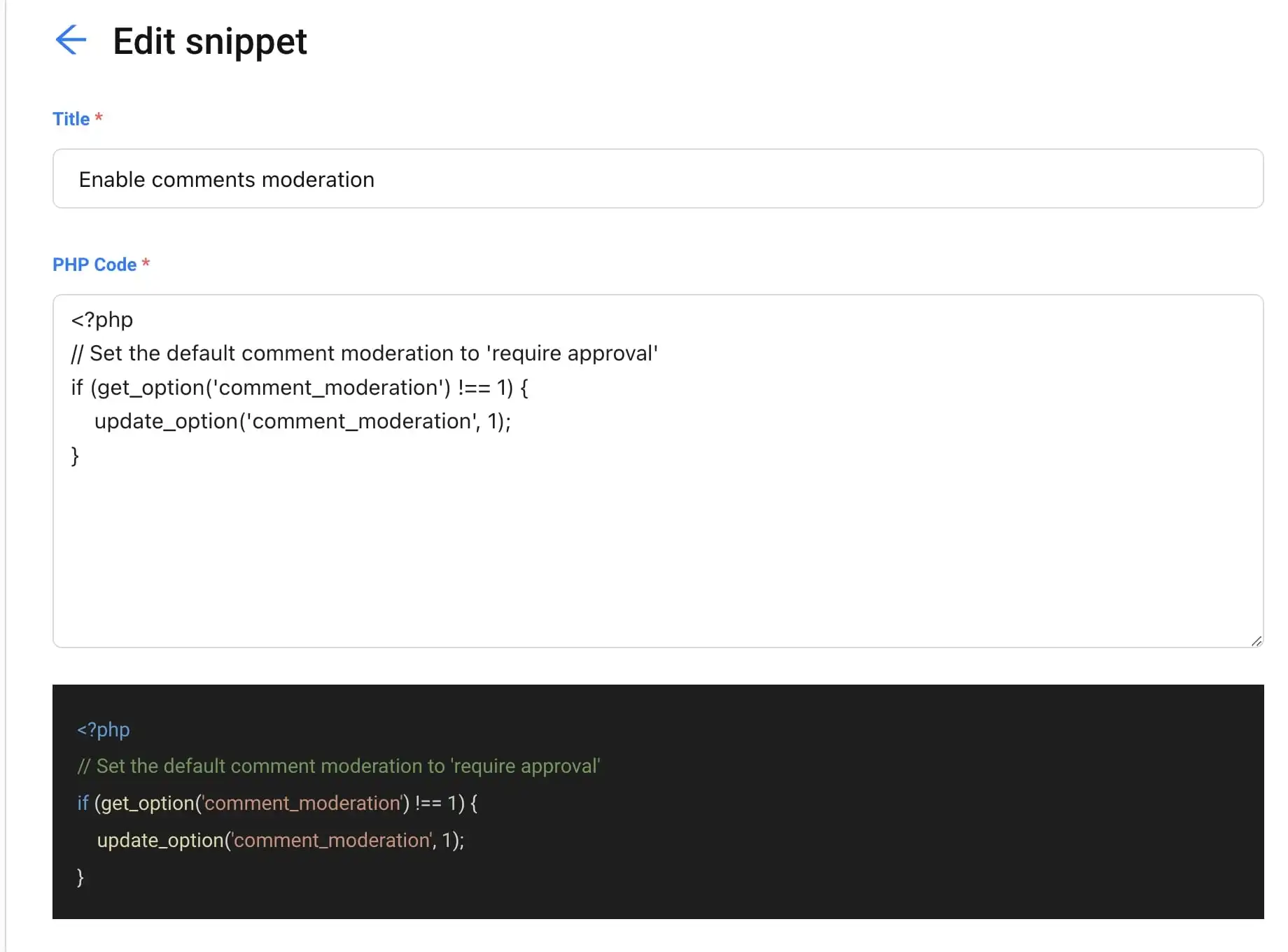 Snippet ready to use on actions page