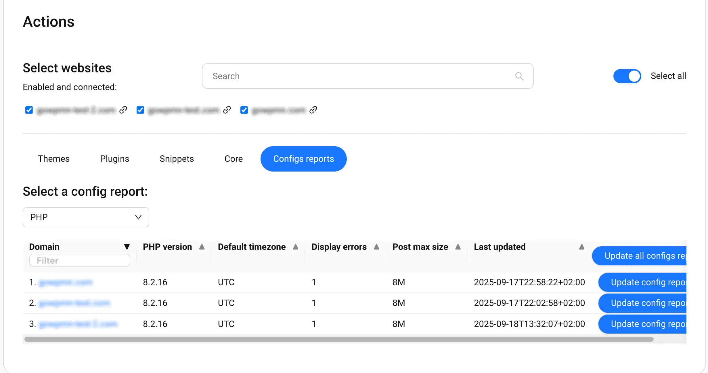 System Report on actions page